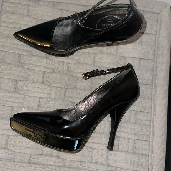 Prada Patent Leather Black Ankle Strap Heels Shoes Pumps 7